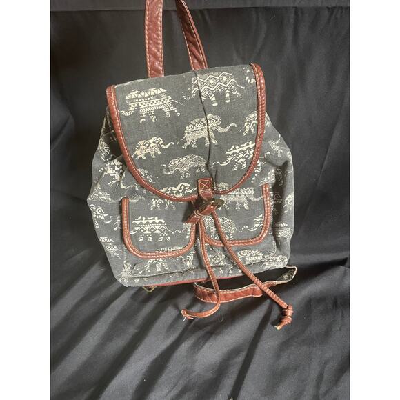 ELEPHANT PRINT BACKPACK, BLUE CANVAS, TAN FAUX LEATHER DETAIL, POCKETS - Picture 3 of 7
